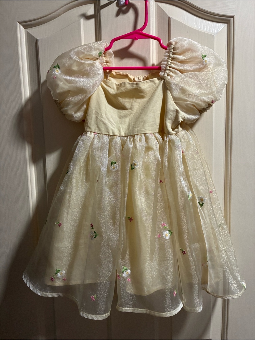 Girls' yellow pink Floral Puff-Sleeve Party Dress